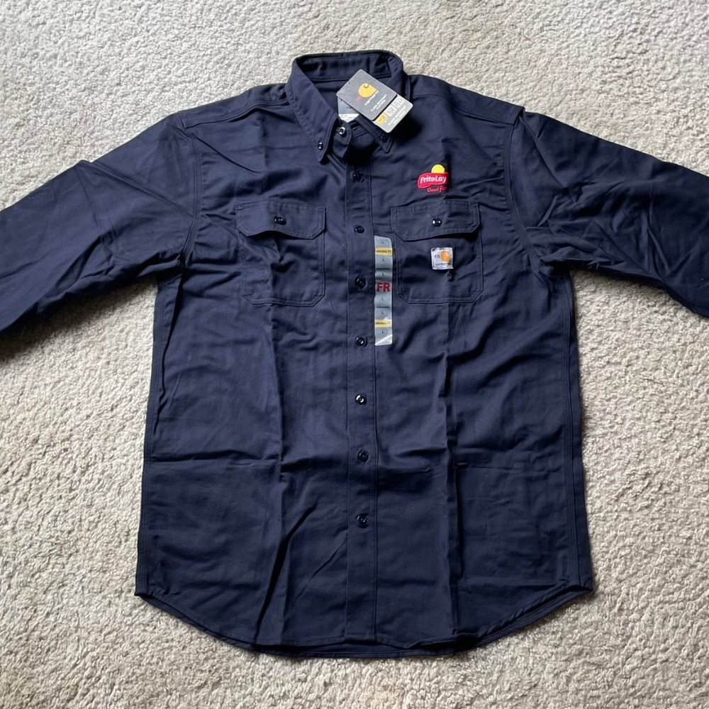 NWT Carhartt Flame Resistant Classic Twill LS Shirt, Large Reg, Navy FRS160-DNY